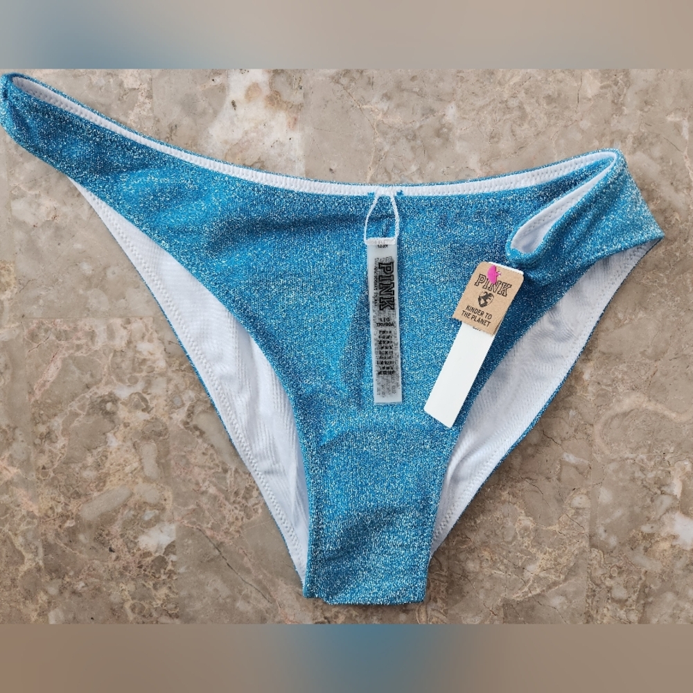 XS S M PINK Swim Brazilian Bikini Bottom Blue Shimmer - Picture 4 of 8